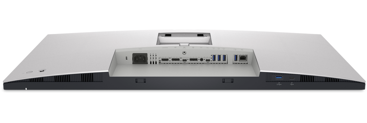 Dell UltraSharp U3223QE 32-inch monitor, bottom view showing the USB-C, HDMI, DisplayPort and RJ45 ports